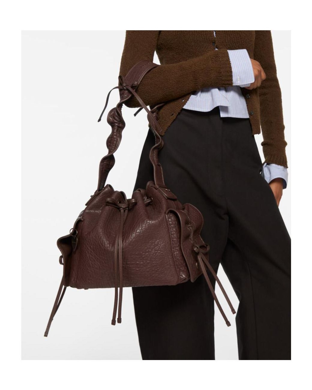 Acne Brown Ruffled Drawstring Shoulder Bag