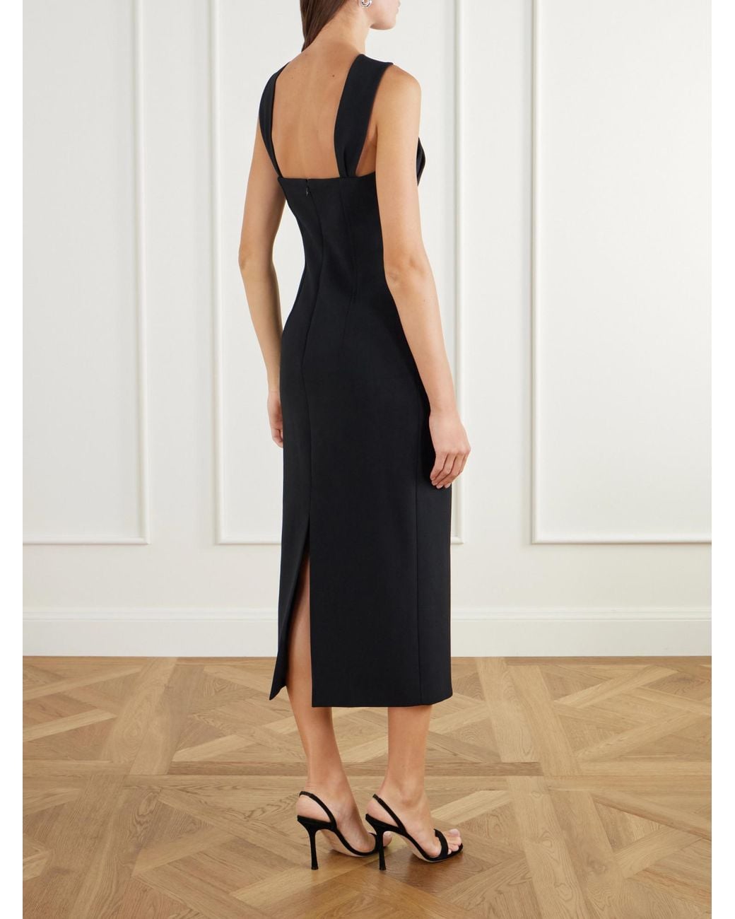 Emilia Wickstead Black Open-Back Twisted Darted Birdseye Halterneck Midi Dress
