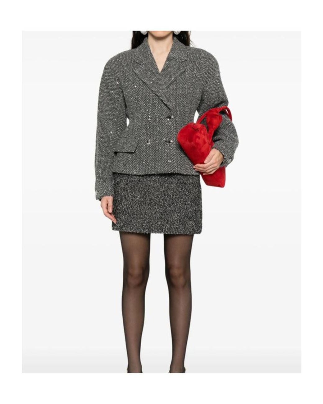 Alessandra Rich Gray Sequin-Embellished Herringbone Jacket