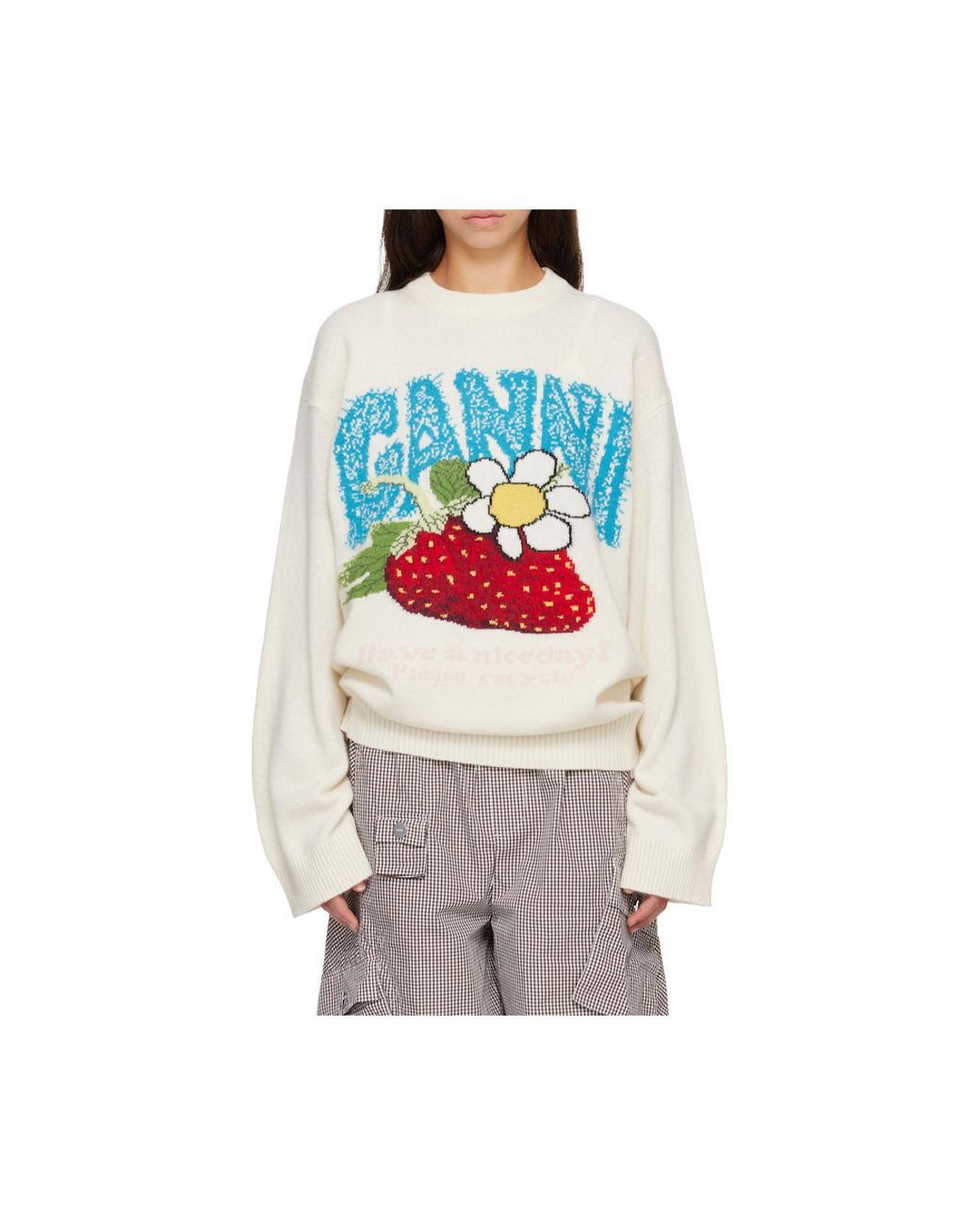 Ganni White Strawberry Oversized Jumper