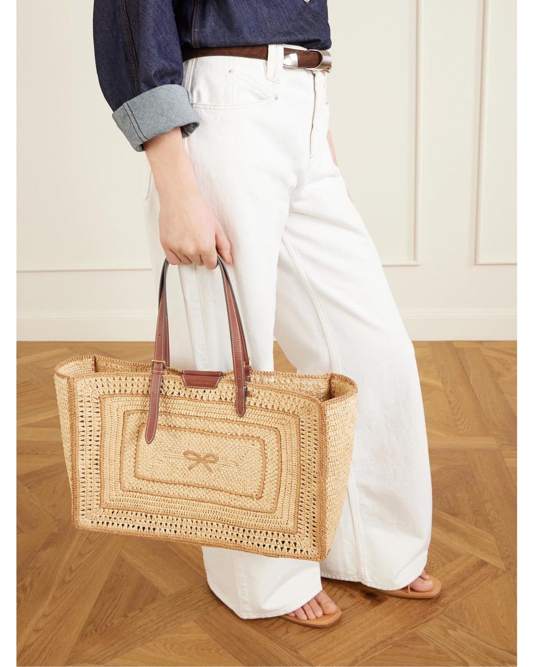 Anya Hindmarch Natural Bow Leather-Trimmed Raffia Tote
