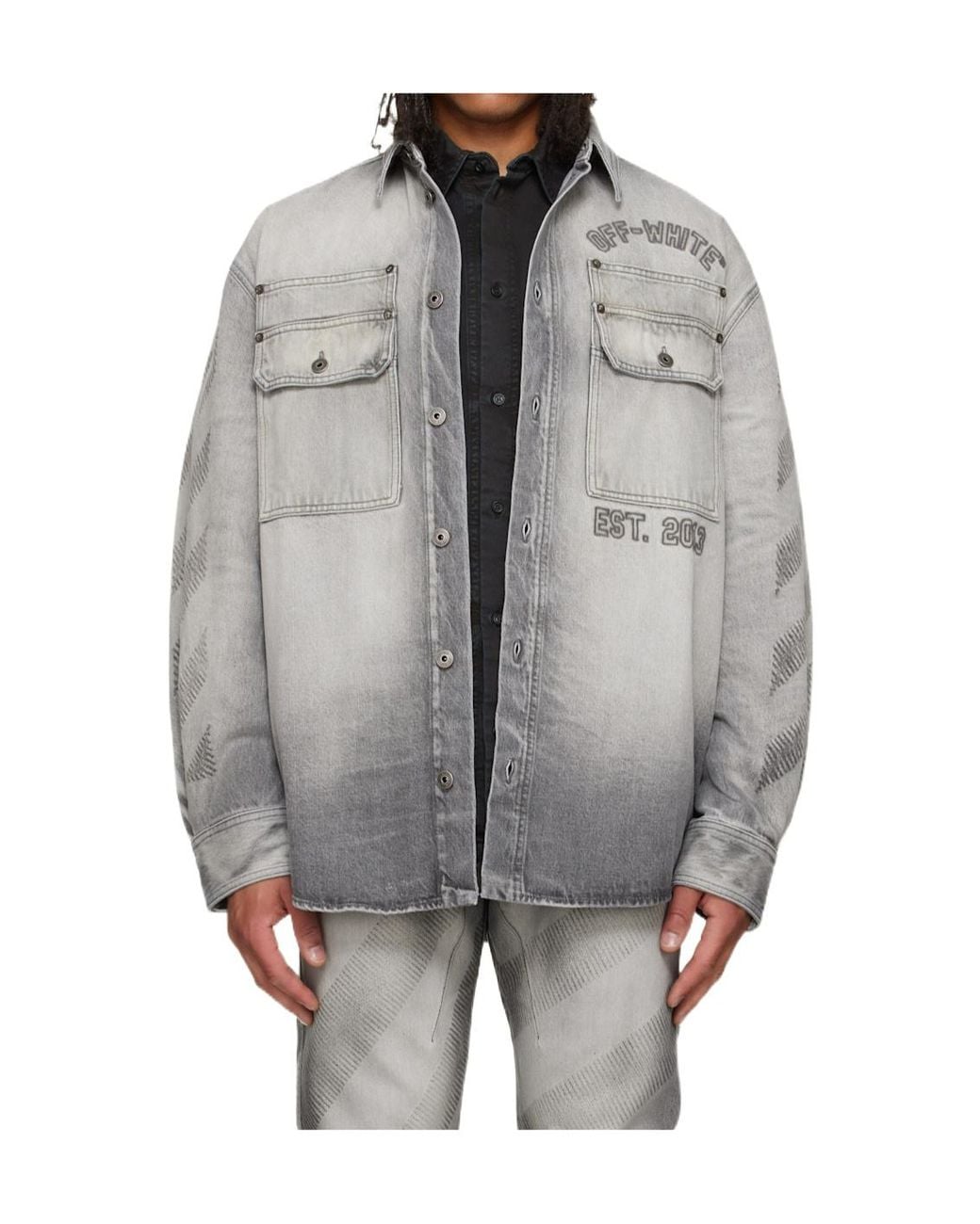 Off-White c/o Virgil Abloh Gray Diagonals-Print Embroidered Denim Military Jacket for men