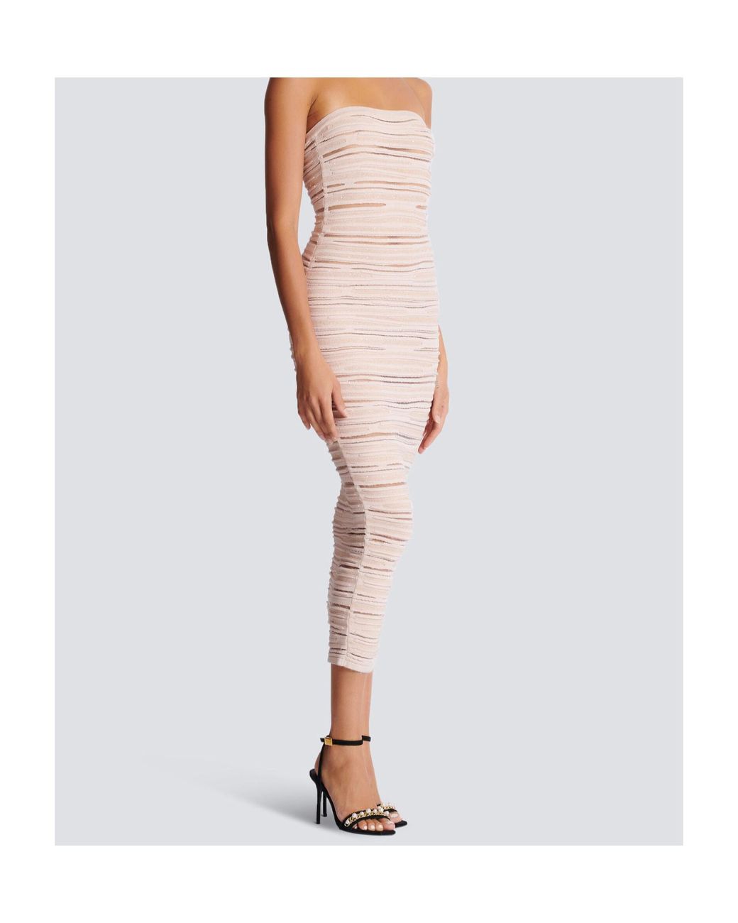 Balmain Pink Knitted Strapless Midi Dress