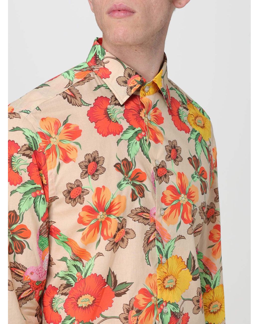 Etro Orange Allover Floral Print Long-Sleeved Shirt for men