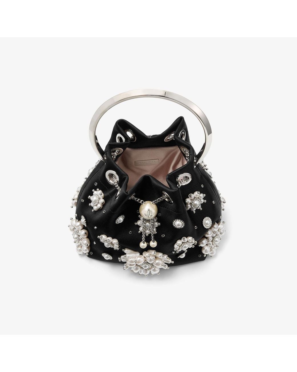Jimmy Choo Black Satin Bucket Bag With Floral Pearl Embroidery