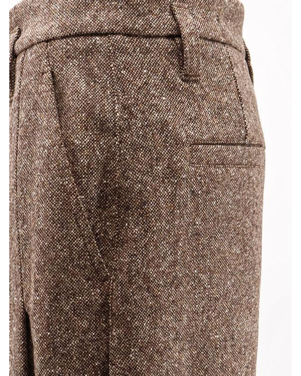 Brunello Cucinelli Natural Virgin Wool Donegal Pleated Barrel Trousers With Monili