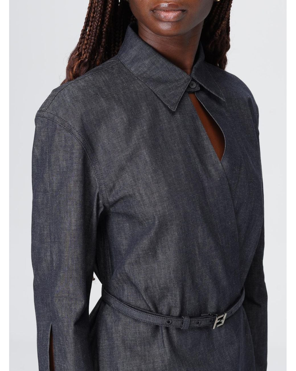 Fendi Blue Asymmetrical Cross-Over Fasten Belted Shirt Dress
