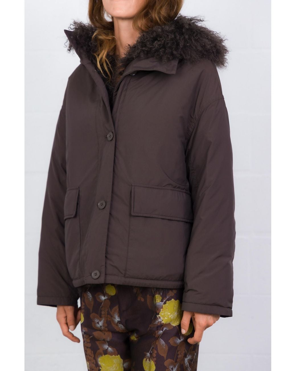 Yves Salomon Brown Down Jacket With Faux-Fur Trim And A Hood