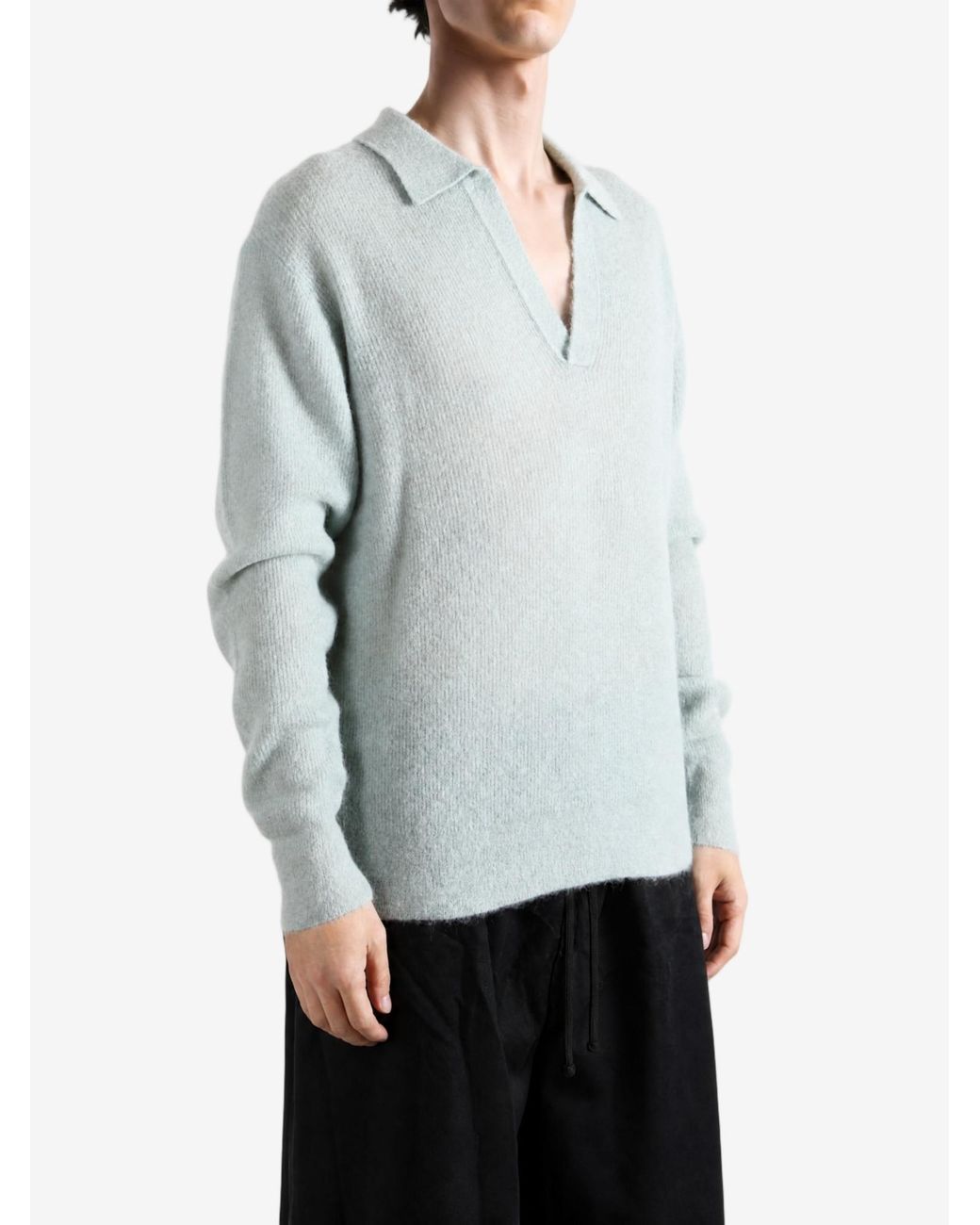 Auralee Gray Brushed Open-Collar Sweater for men