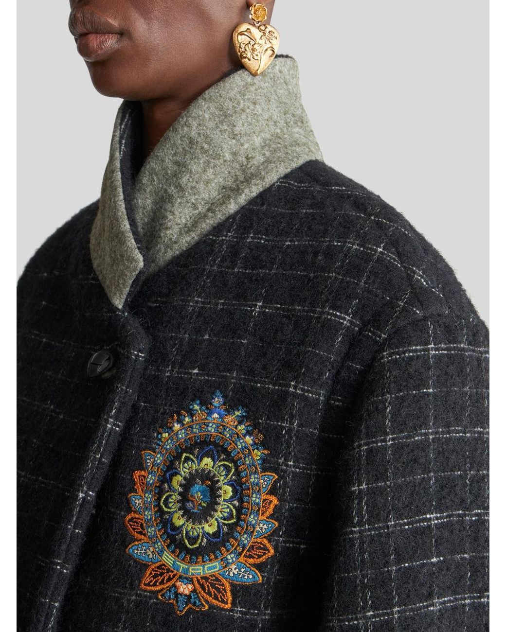 Etro Black Floral Embroidered Checked Coat