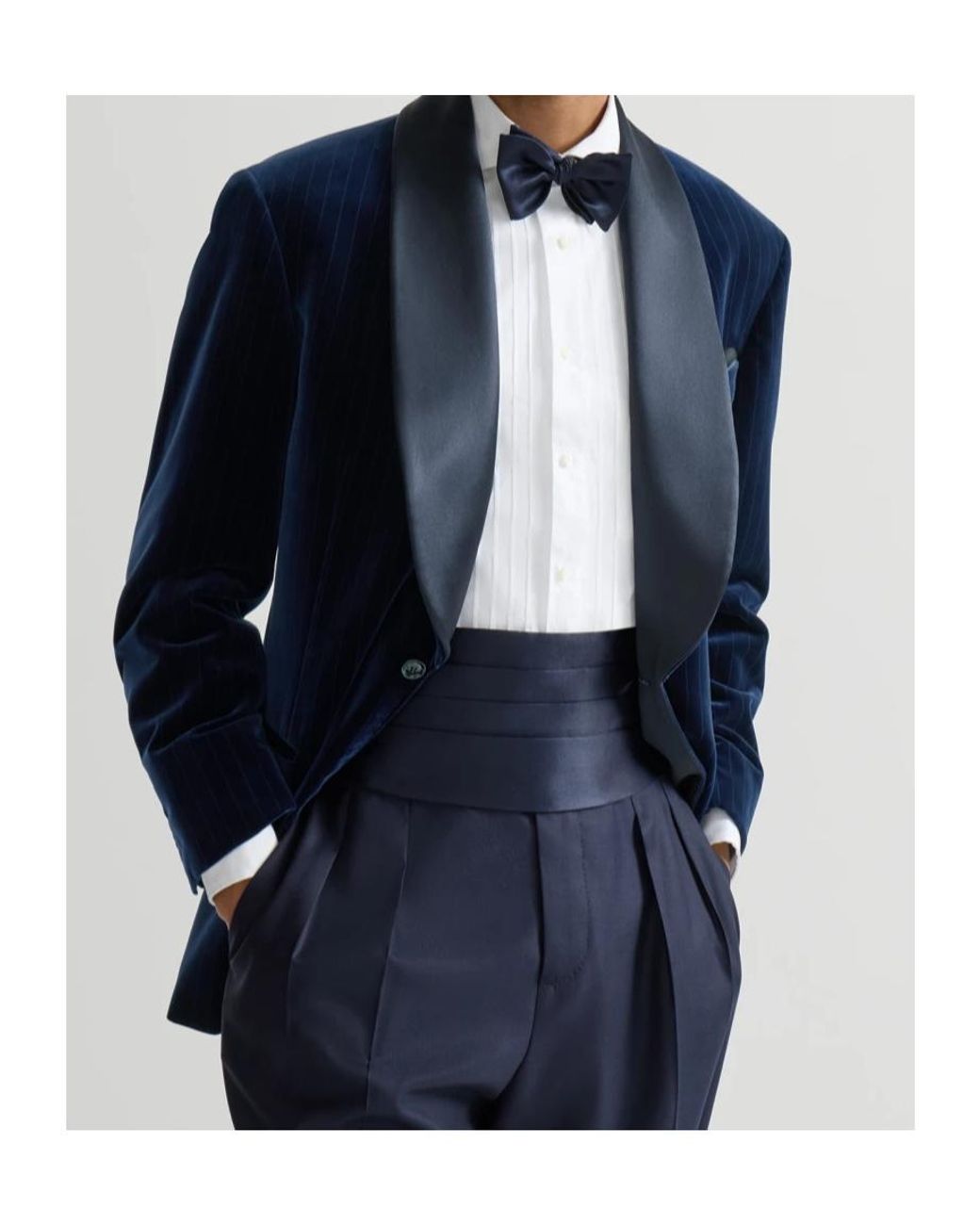 Brunello Cucinelli Blue Cotton Chalk Stripe Velvet Tuxedo Jacket With Shawl Lapels for men