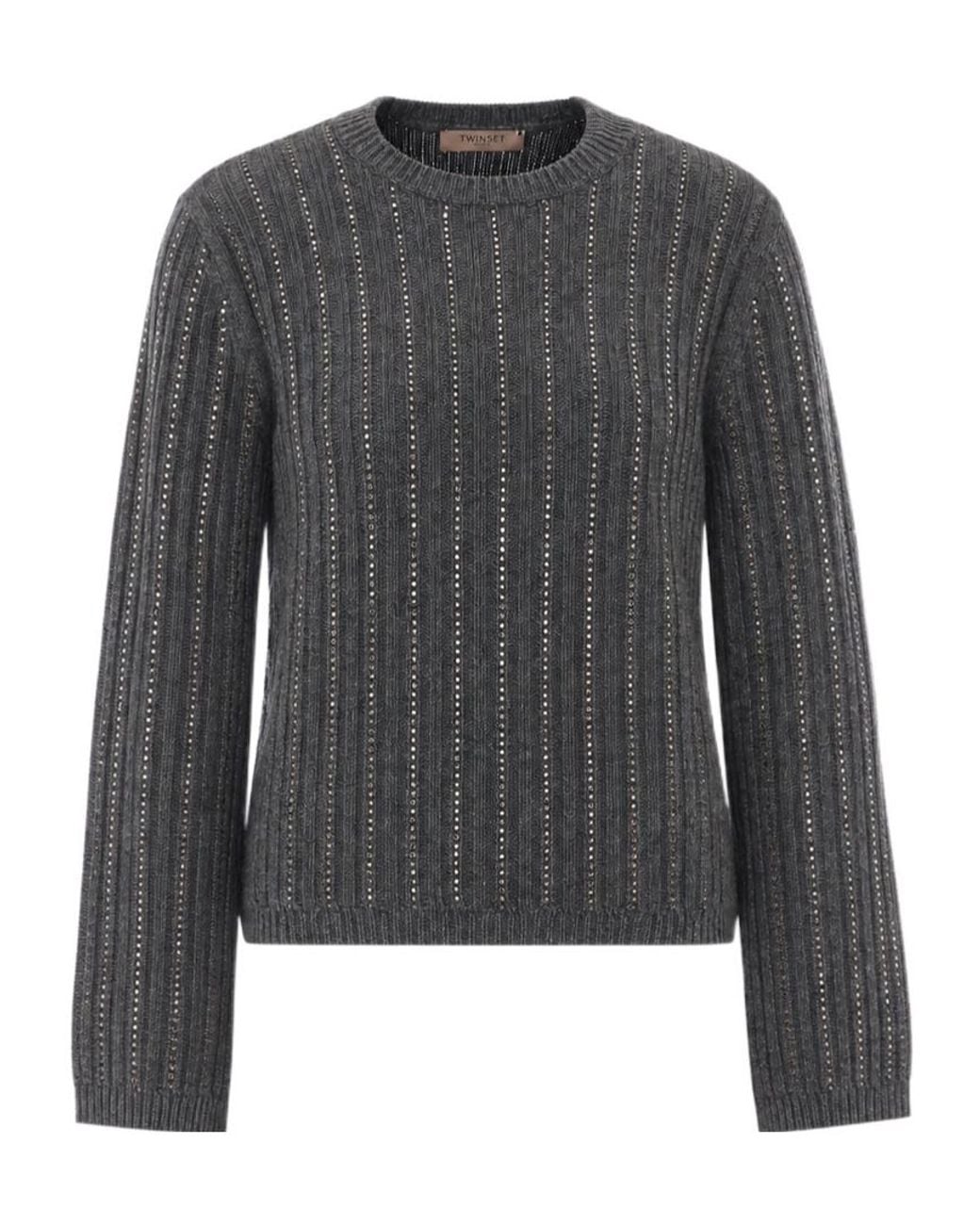 Twinset Gray Strass Ribbed Knitted Sweater