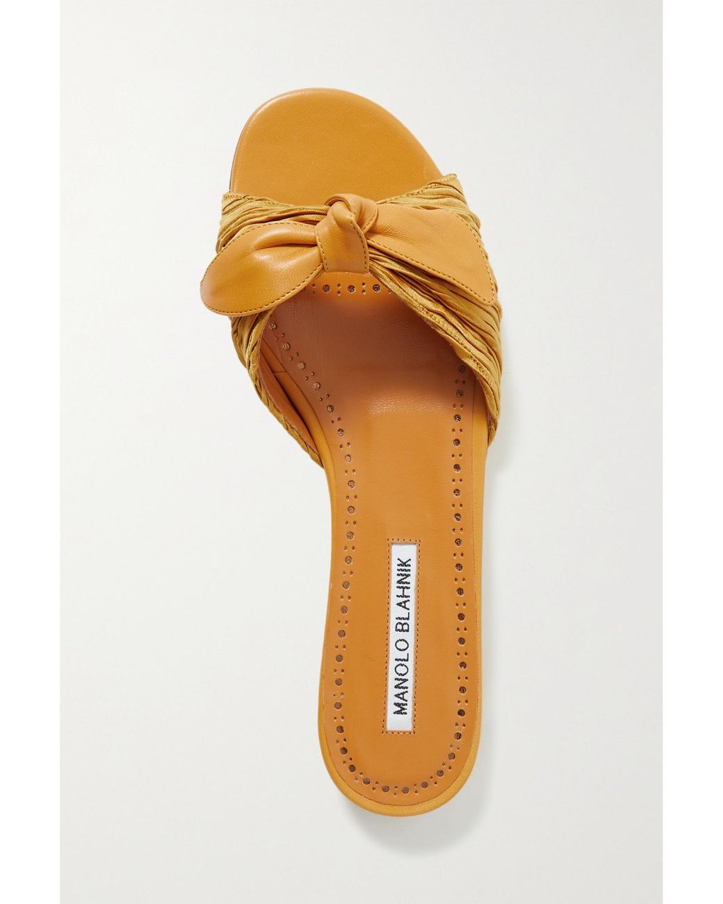 Manolo Blahnik Brown Notamu Bow-Detailed Plissé-Satin And Leather Slides