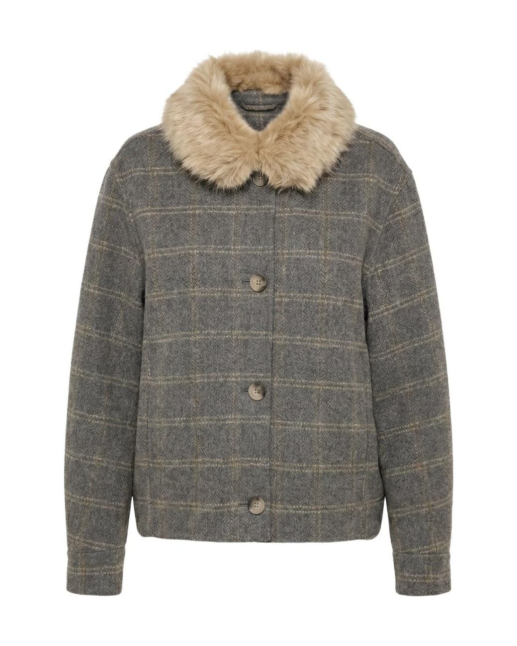Twinset Gray Double Check Wool Caban Coat With Faux Fur