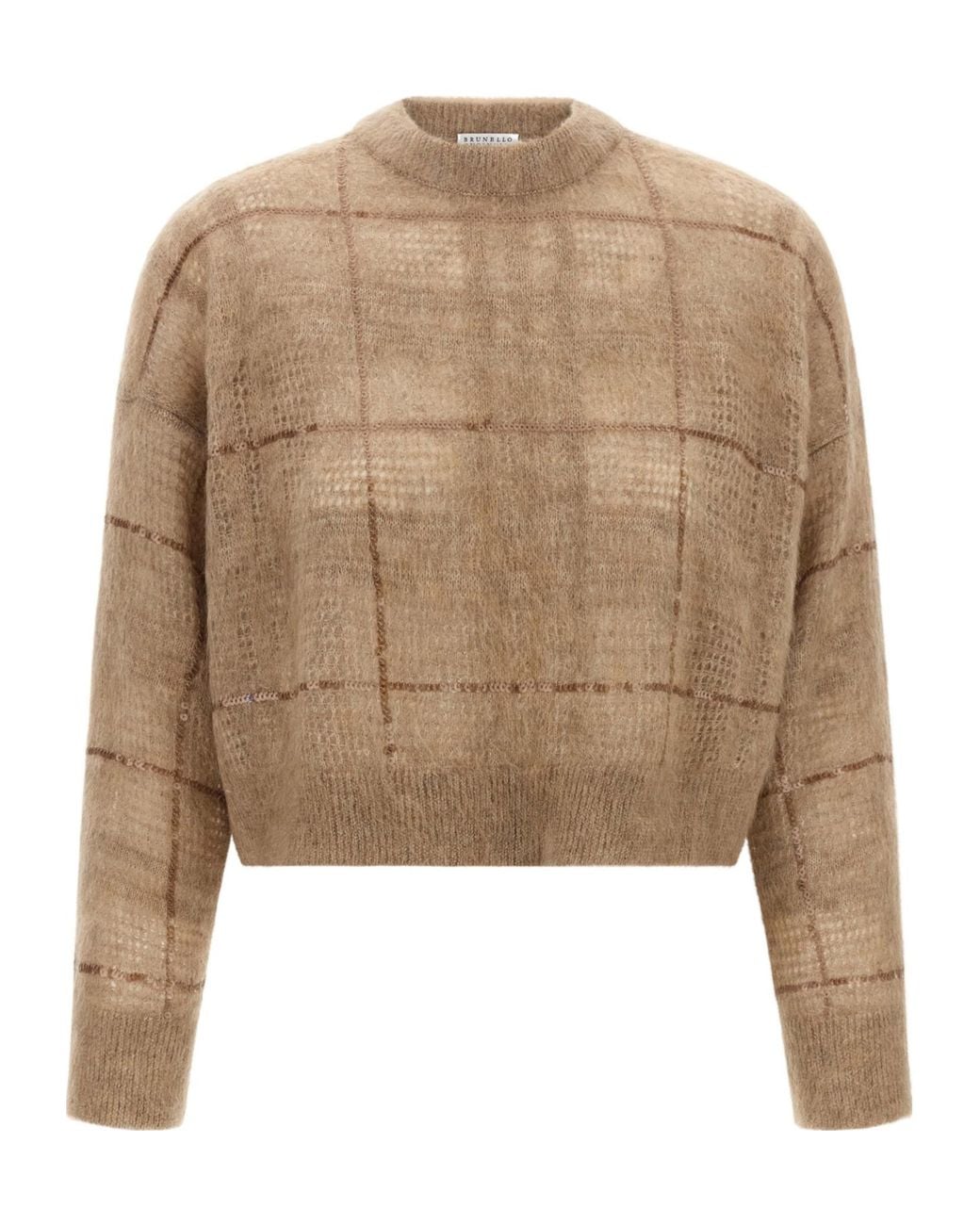 Brunello Cucinelli Natural Sequin Check Cropped Sweater
