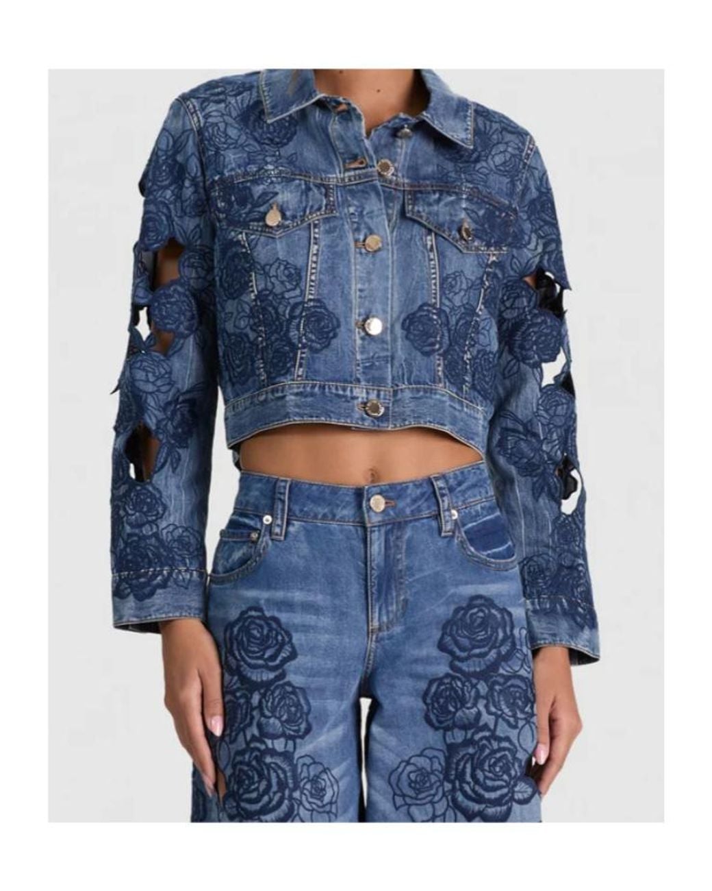 Alice + Olivia Blue Chloe Laser-Cut Denim Jacket