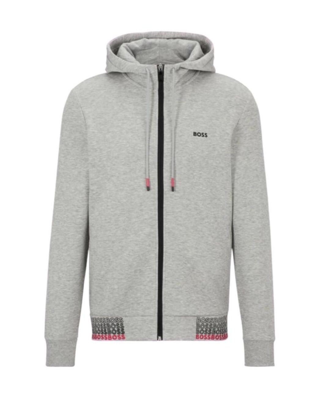 Boss Gray Logo-Embroidered Drawstring Hoodie for men