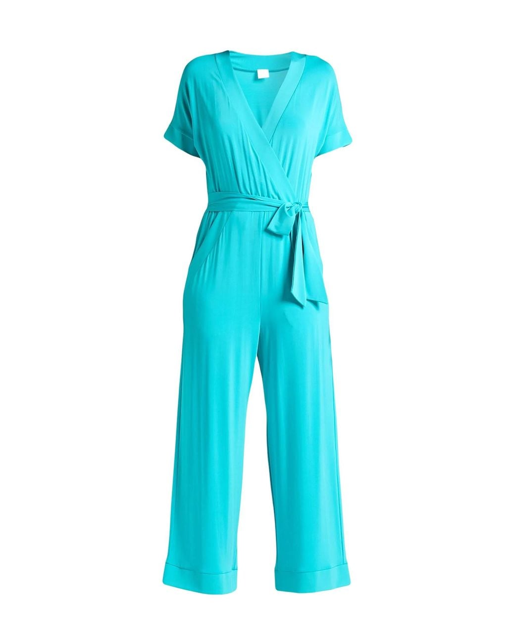 Max Mara Blue Solid V-Neck Short-Sleeve Jumpsuit