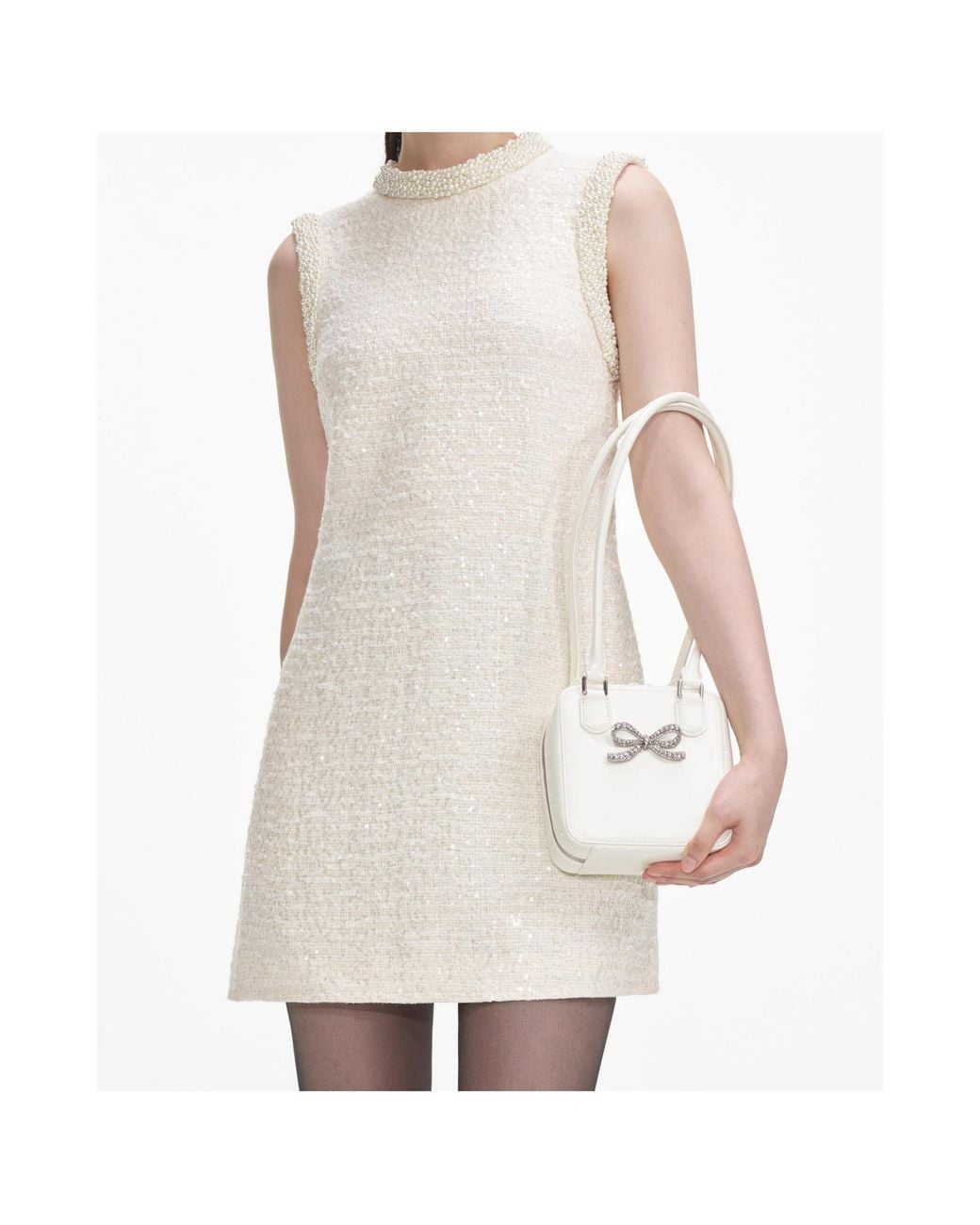 Self-Portrait White Boucle Embellished Trim Mini Dress