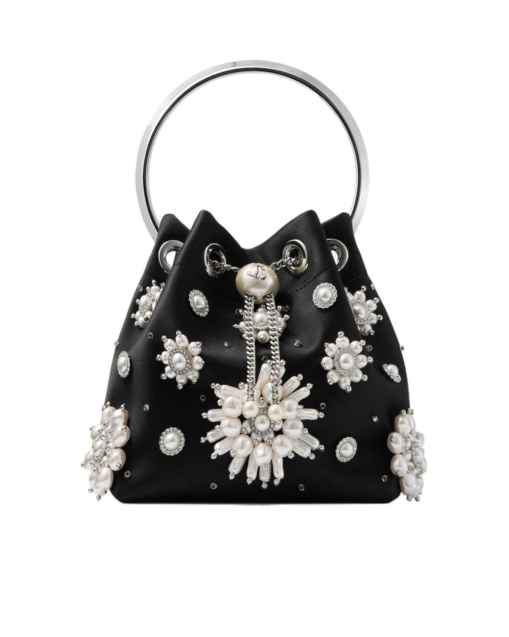 Jimmy Choo Black Satin Bucket Bag With Floral Pearl Embroidery