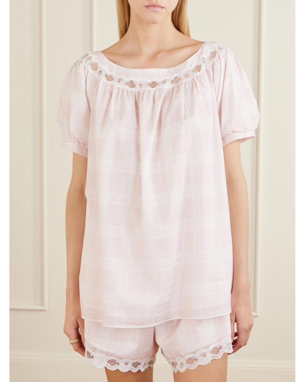 Posse White Lace-Trimmed Checked Cotton Blouse
