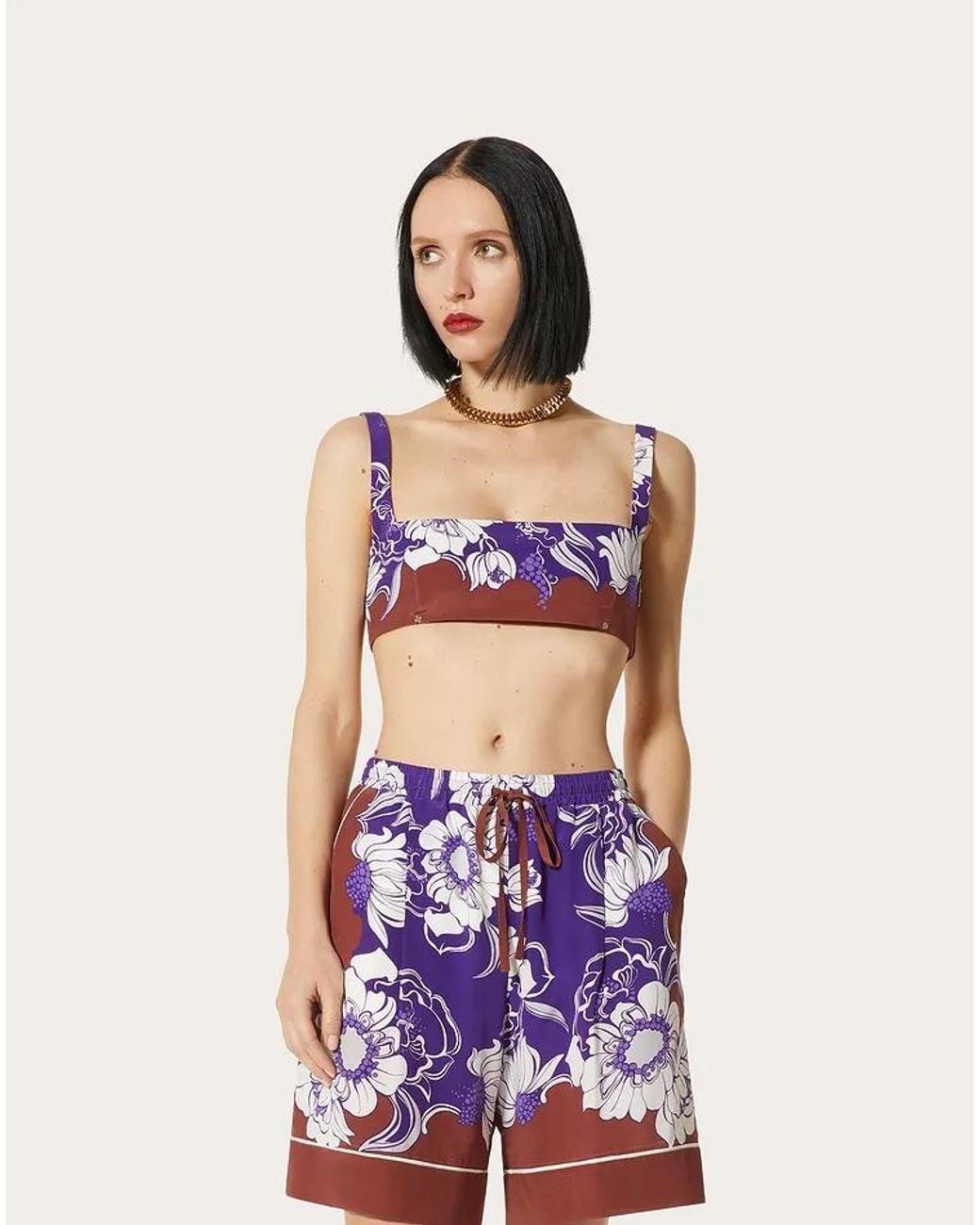 Valentino Purple Floral Cropped Silk Top