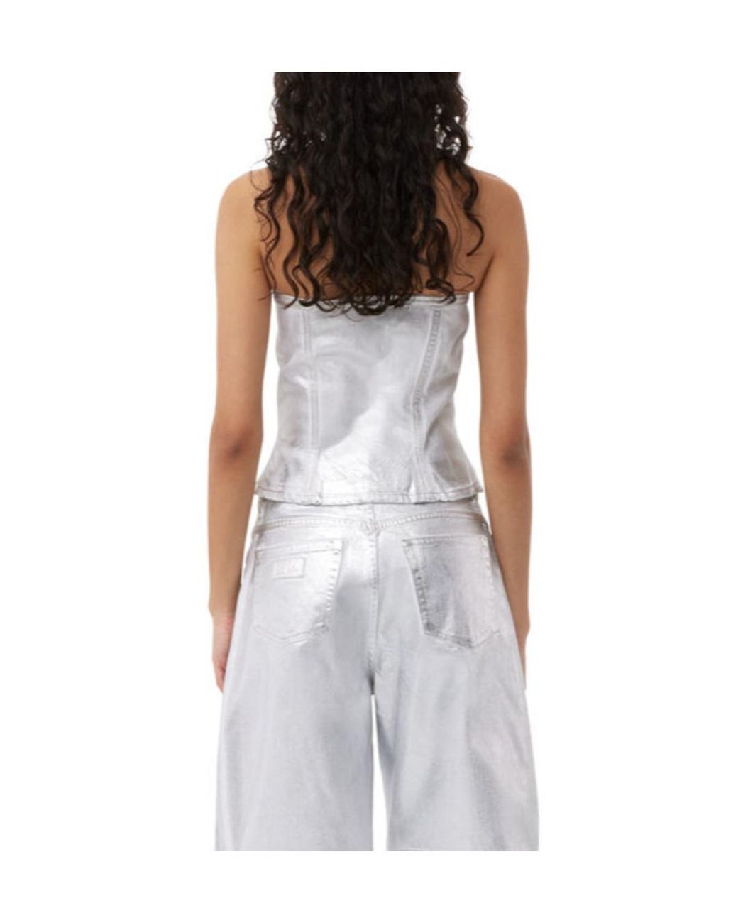 Ganni Gray Off-The-Shoulder Foil Denim Top