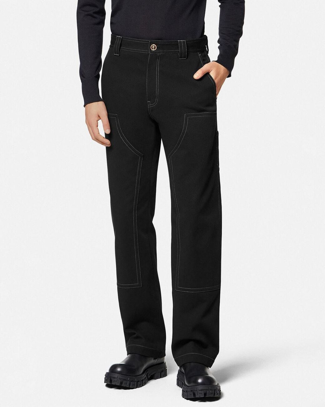 Versace Black Straight-Leg Cotton Trousers for men