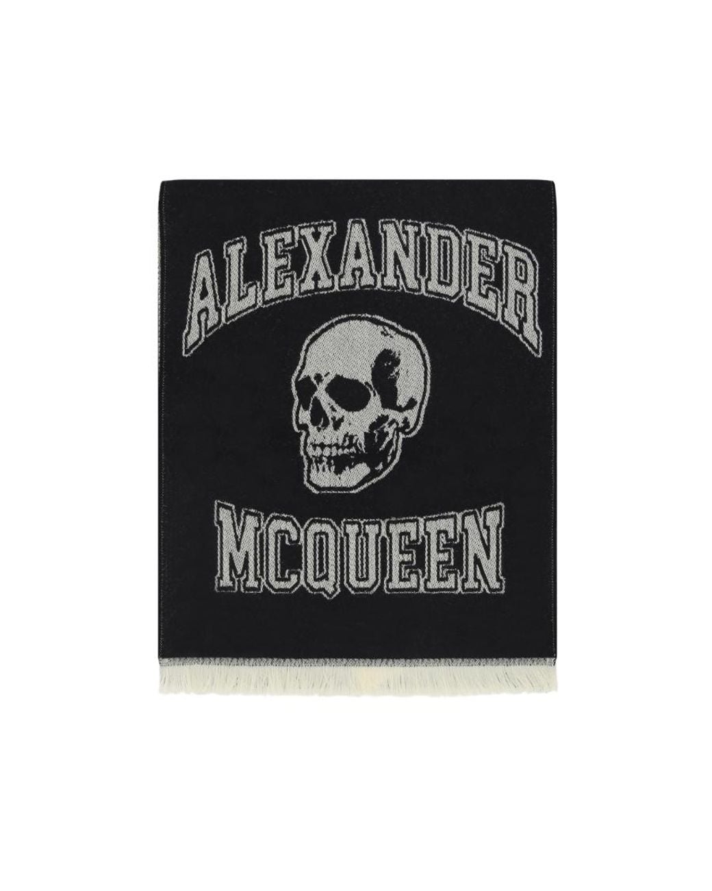 McQueen White Logo Intarsia Knitted Fringed Scarf for men