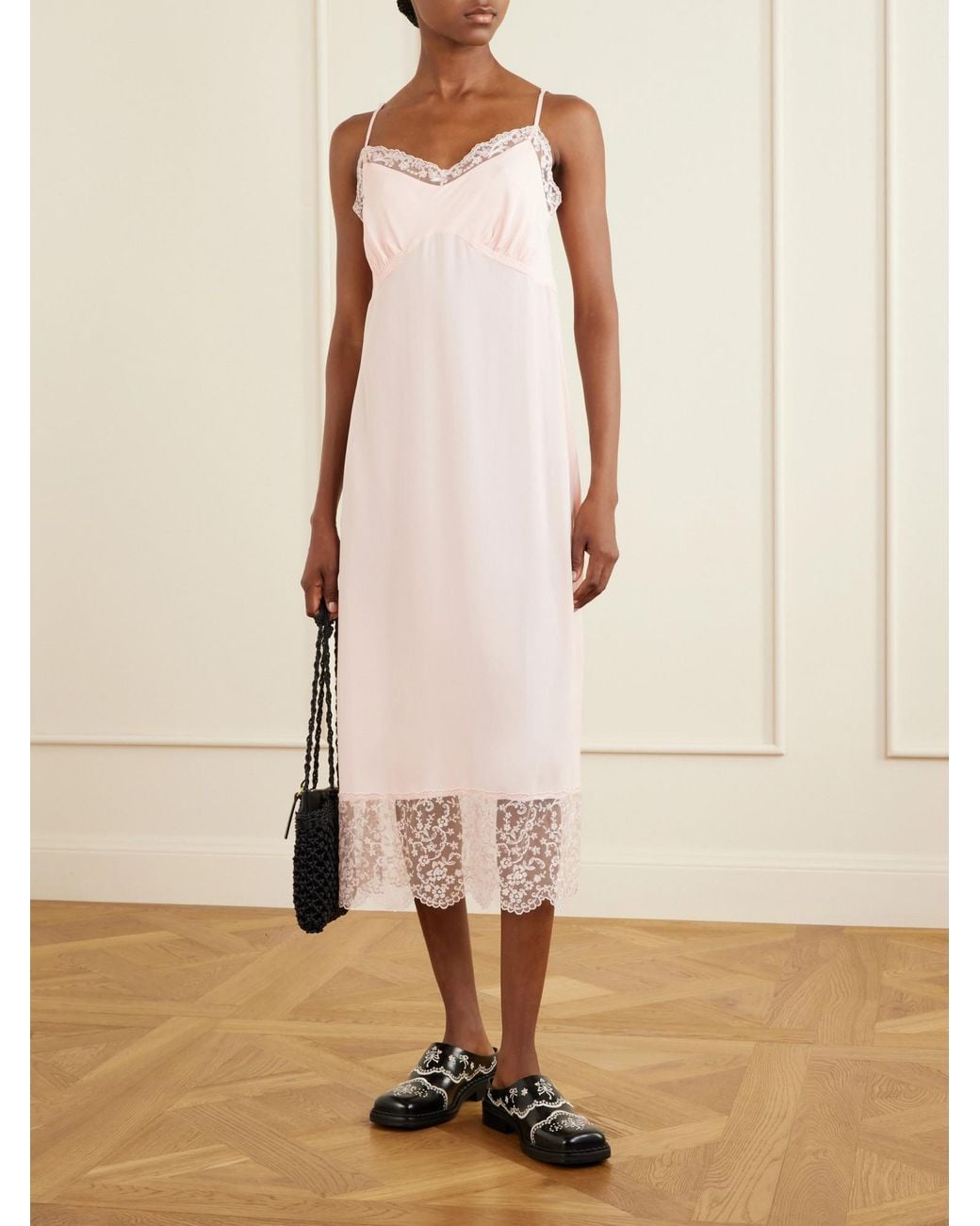 Simone Rocha Pink Lace-Trimmed Crepe De Chine Midi Dress