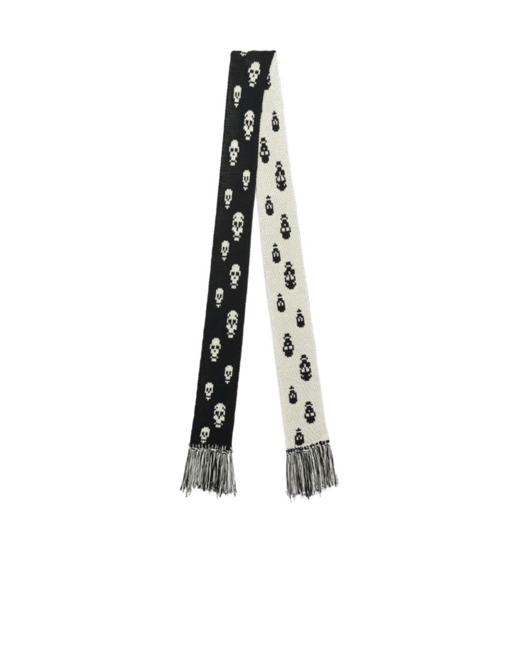 McQueen White Skull Knit Fringed Scarf