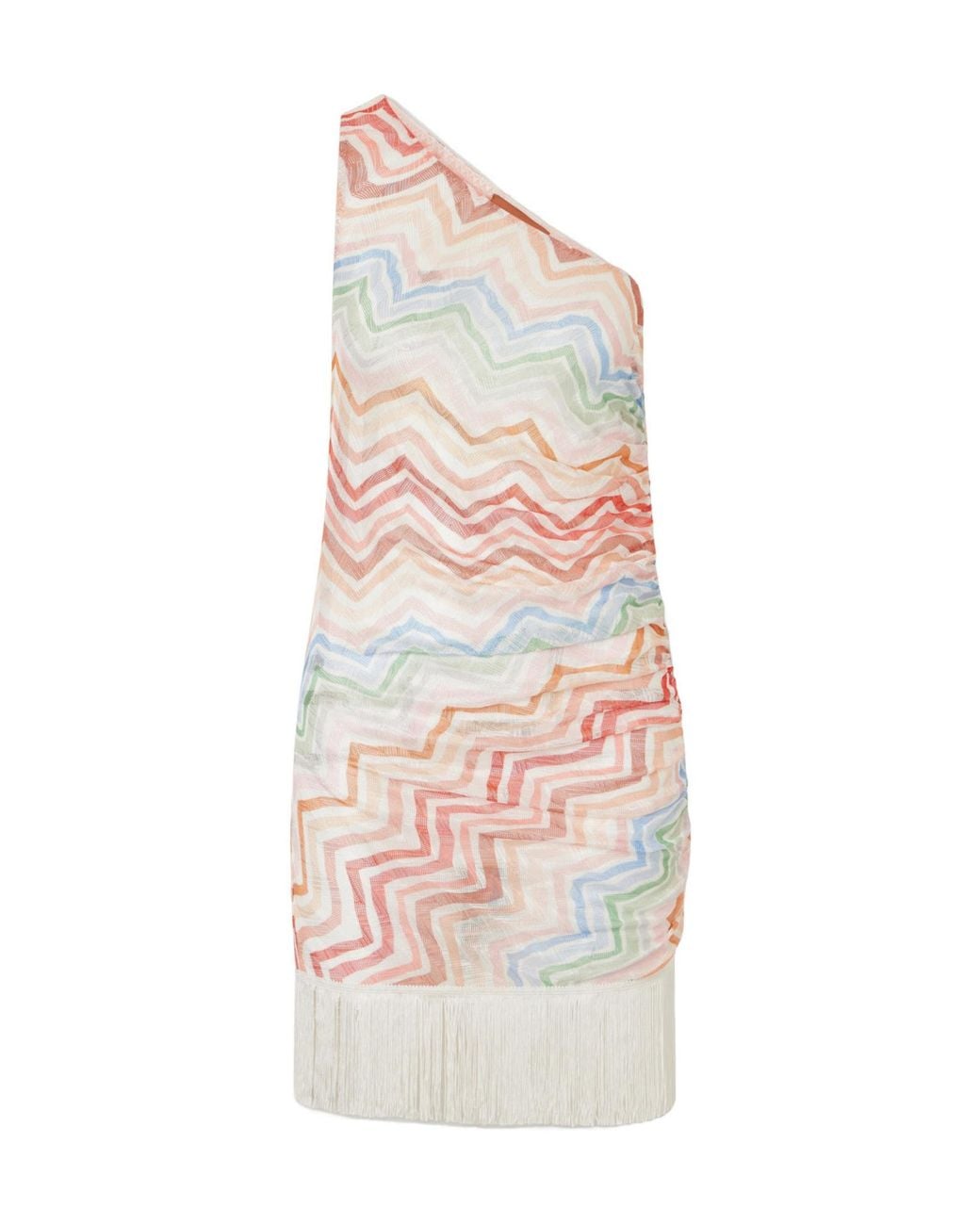 Missoni White One-Shoulder Fringed Striped Crochet-Knit Mini Dress