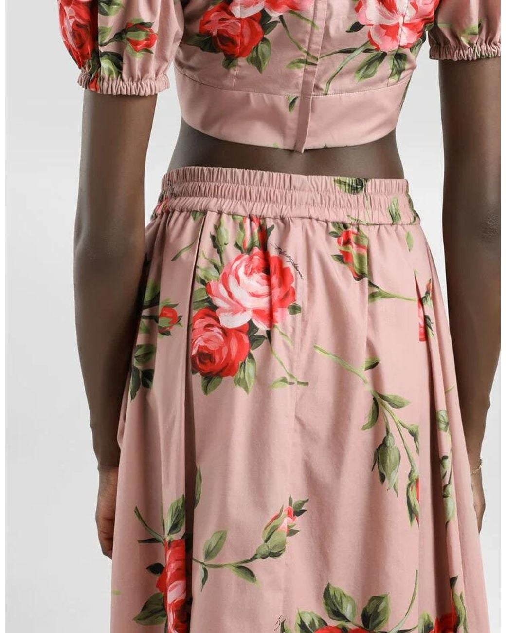 Dolce & Gabbana Red Pleated Floral Midi Skirt