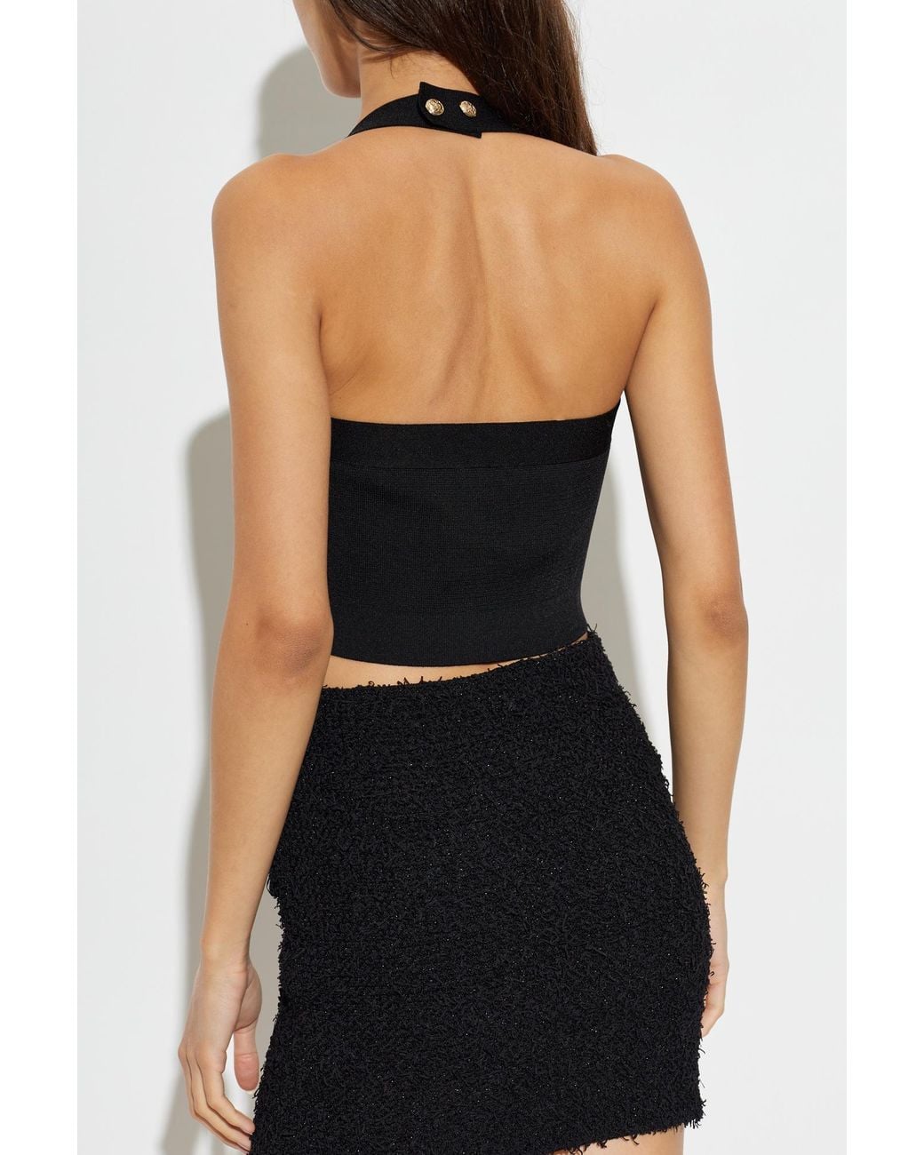 Balmain Black Button-Trim Halterneck Crop Top