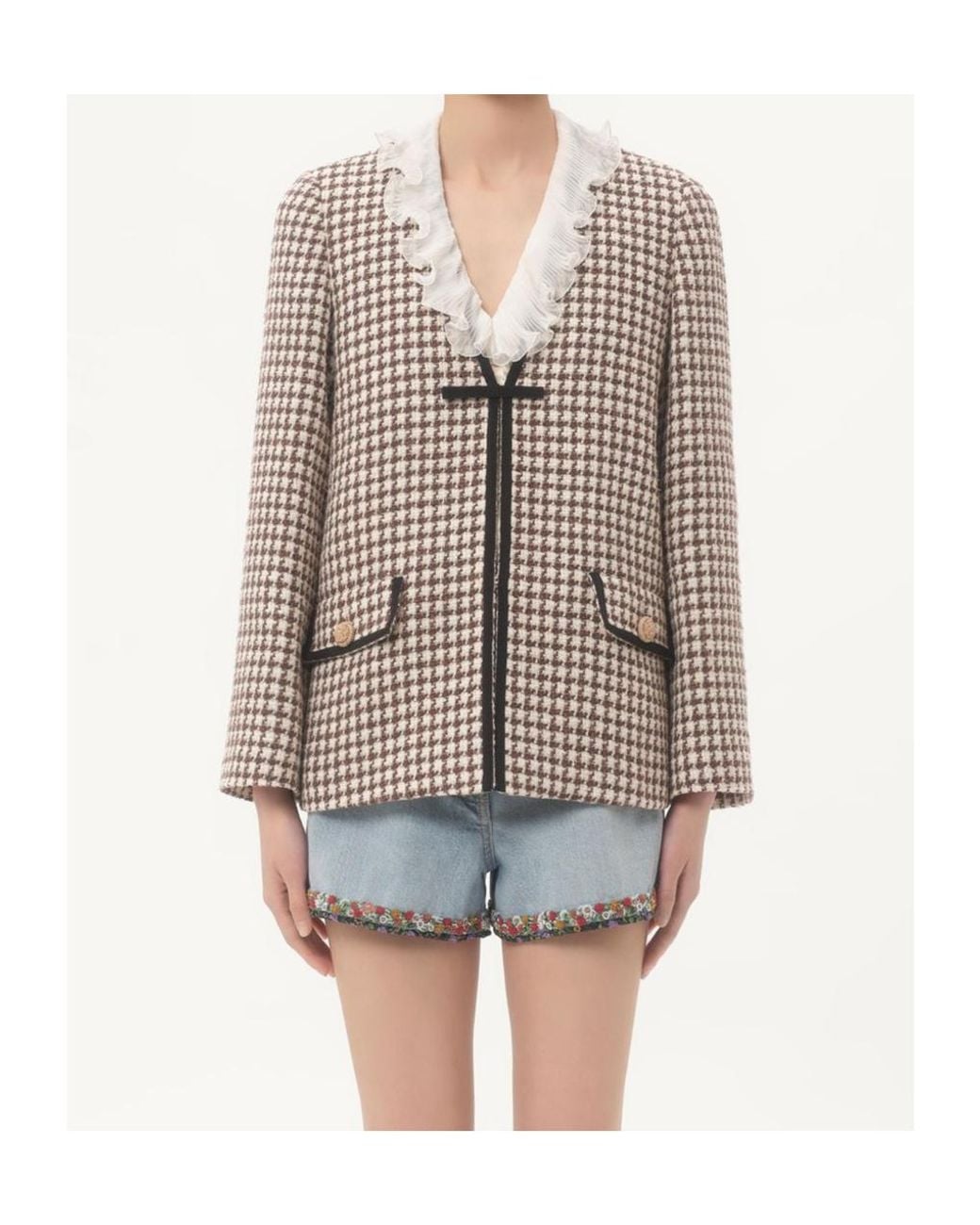 Valentino Natural Houndstooth V-Neck Tweed Jacket