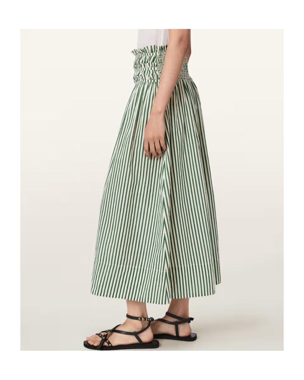 AllSaints Green Kali Smocked Stripe Skirt