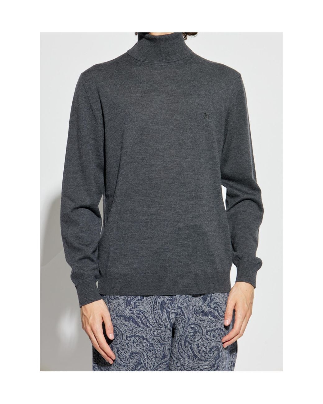 Etro Gray Logo Embroidered Turtleneck Knitted Jumper for men
