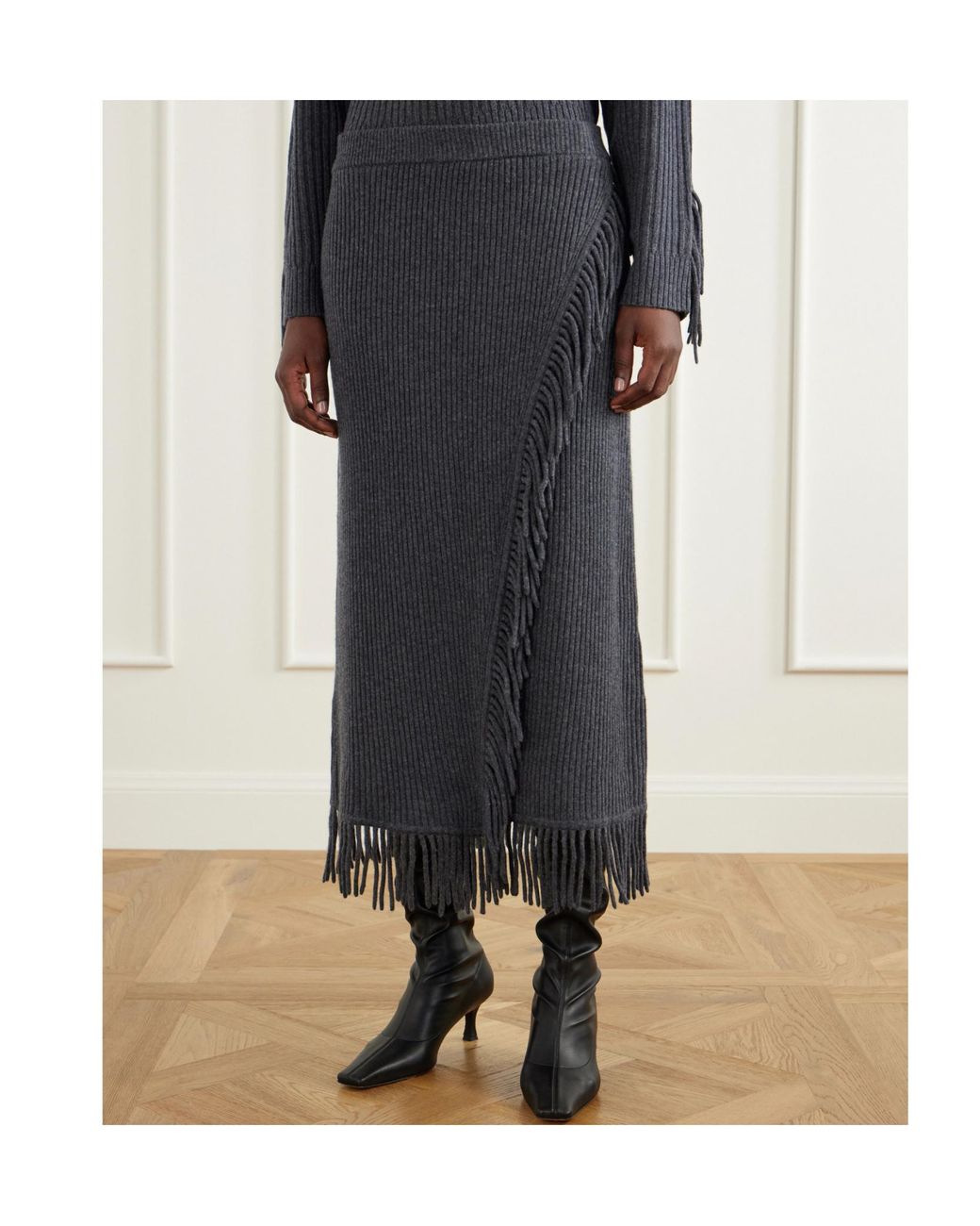 Jonathan Simkhai Gray Casey Fringe-Trim Ribbed Midi Skirt