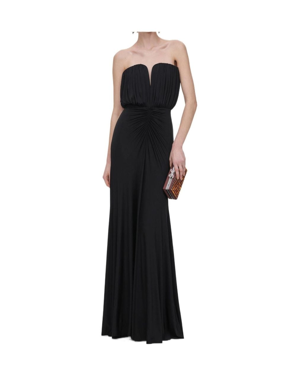 Self-Portrait Black Ruched V-Neck Gown Dress