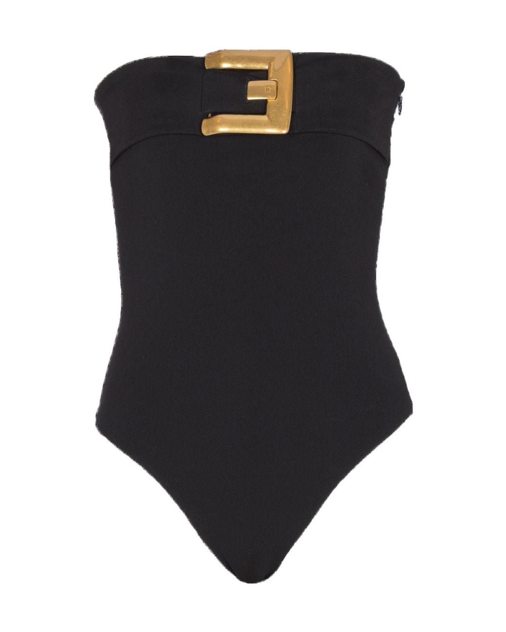 Balmain Black Strapless Buckle Crepe-Texture Bodysuit
