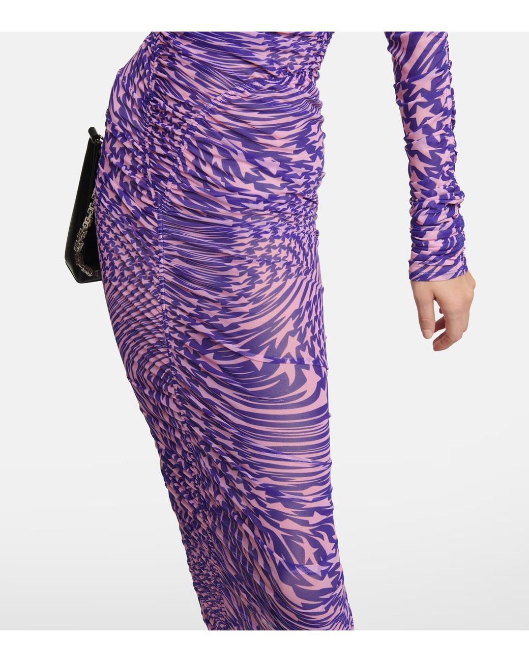Mugler Purple Pleated Mesh Printed Dress