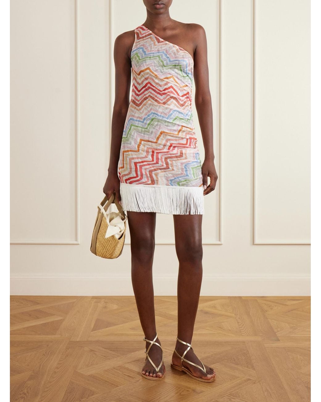 Missoni White One-Shoulder Fringed Striped Crochet-Knit Mini Dress