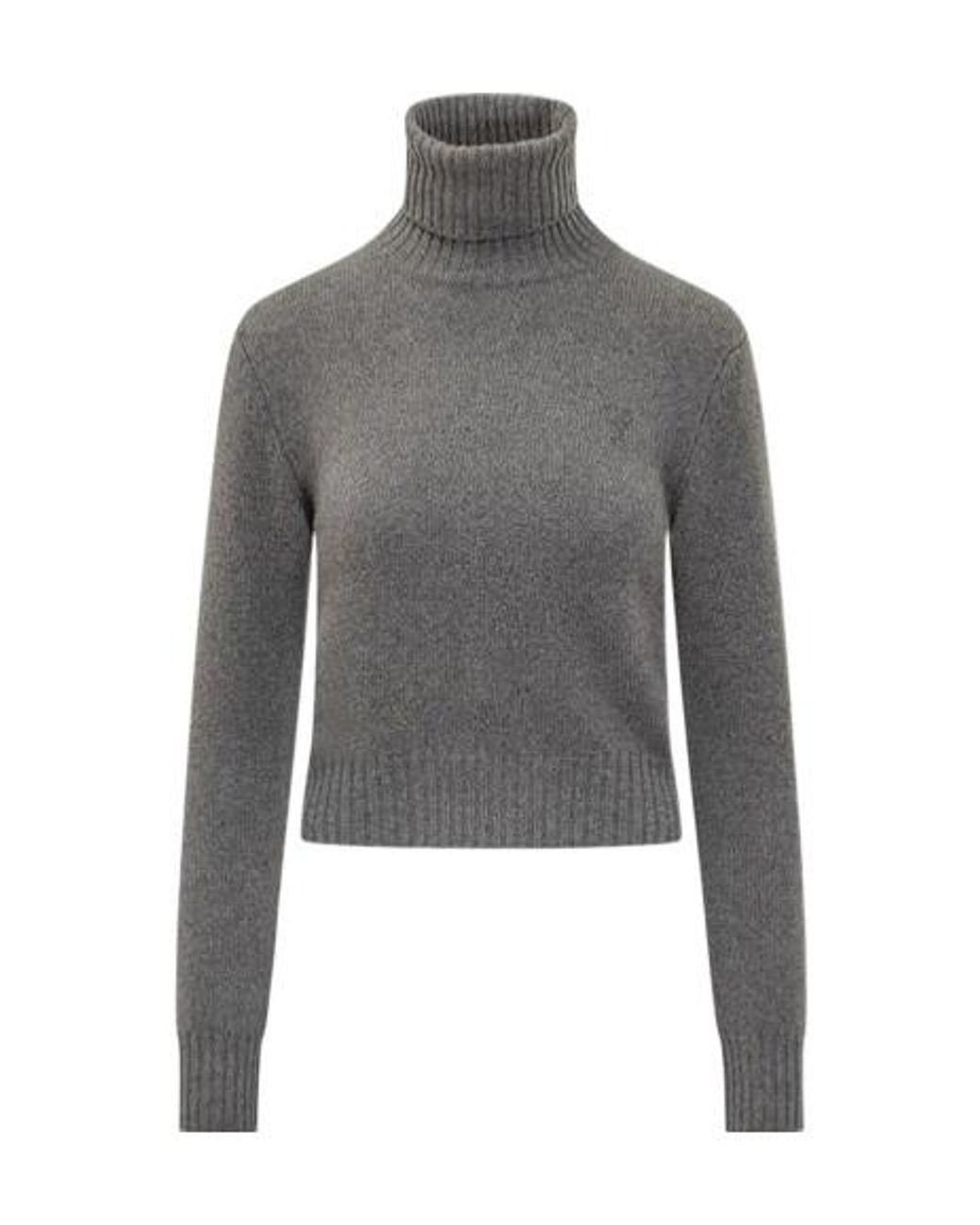 AMI Gray Cropped Cashmere Turtleneck Sweater With Ribbed Details