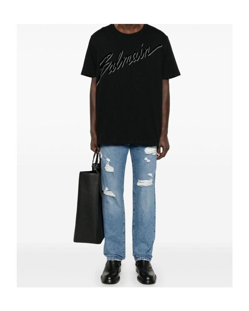 Balmain Black Logo Detailed Crewneck T-Shirt for men