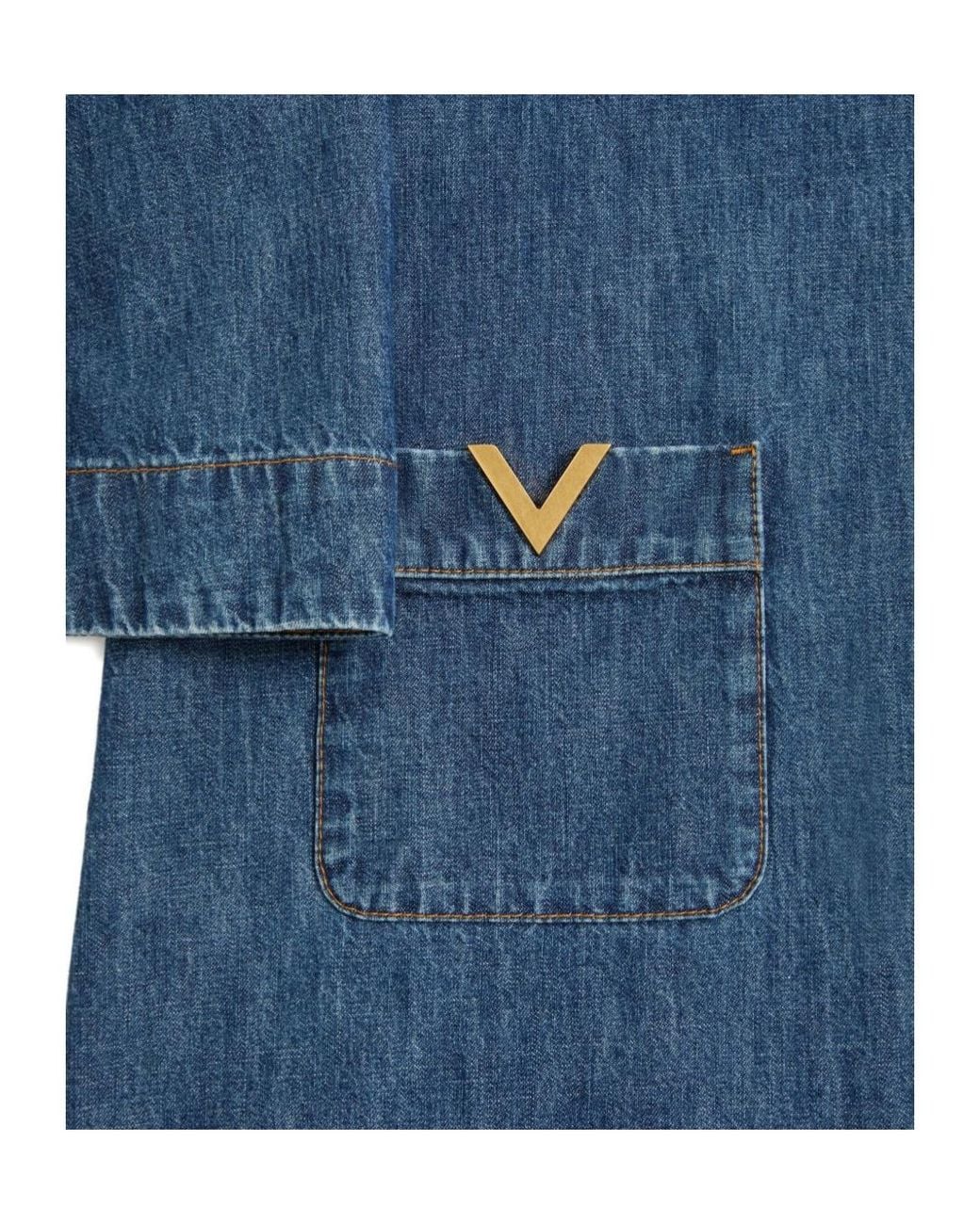 Valentino Blue Logo Plaque V-Neck Denim Dress