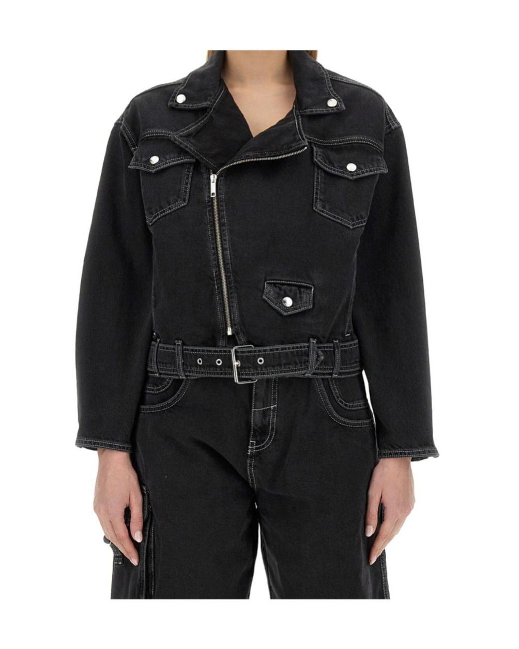 Moschino Black Jeans Zipped Belted Denim Biker Jacket