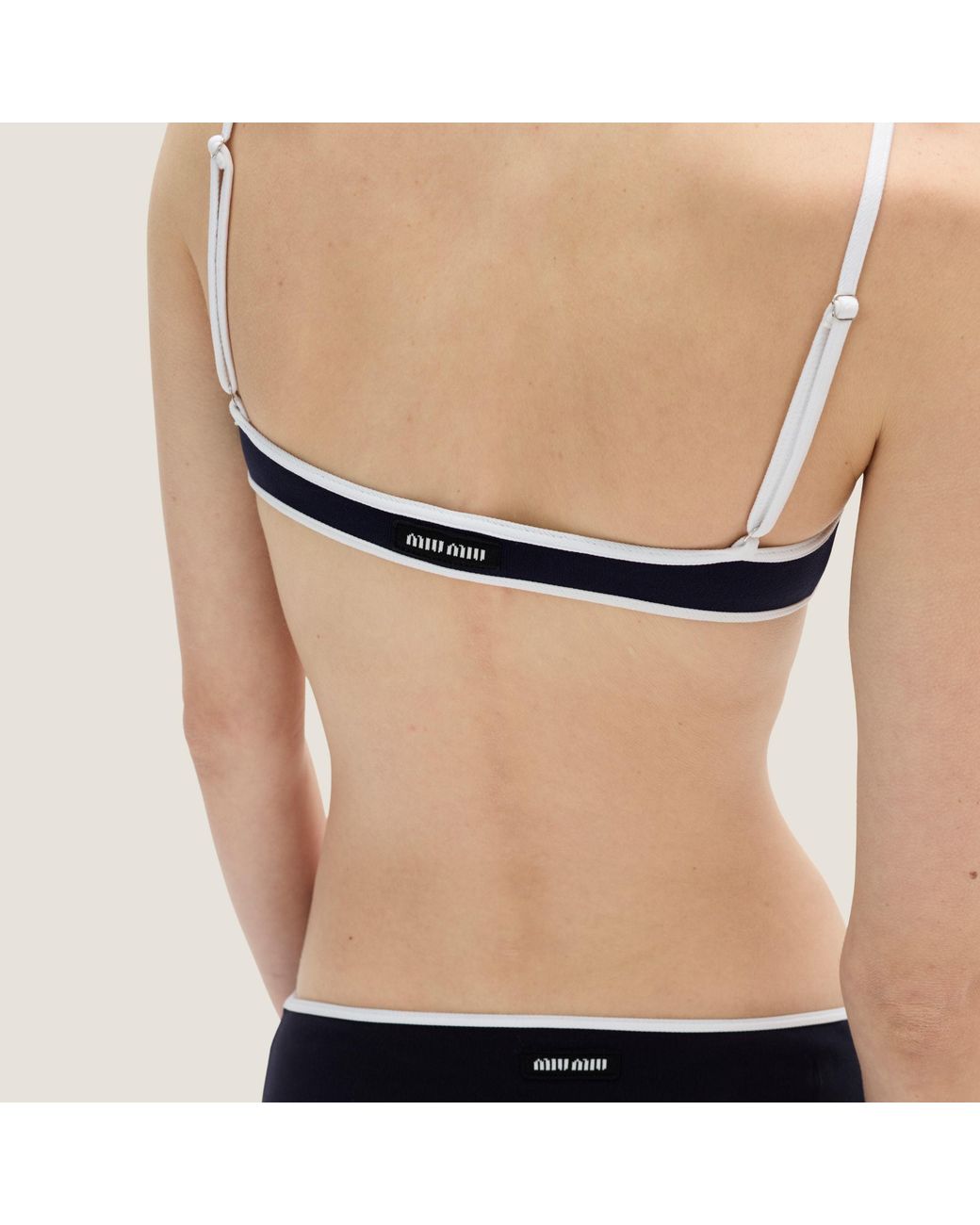 Miu Miu Blue Logo-Patch Technical-Knit Swimsuit Top