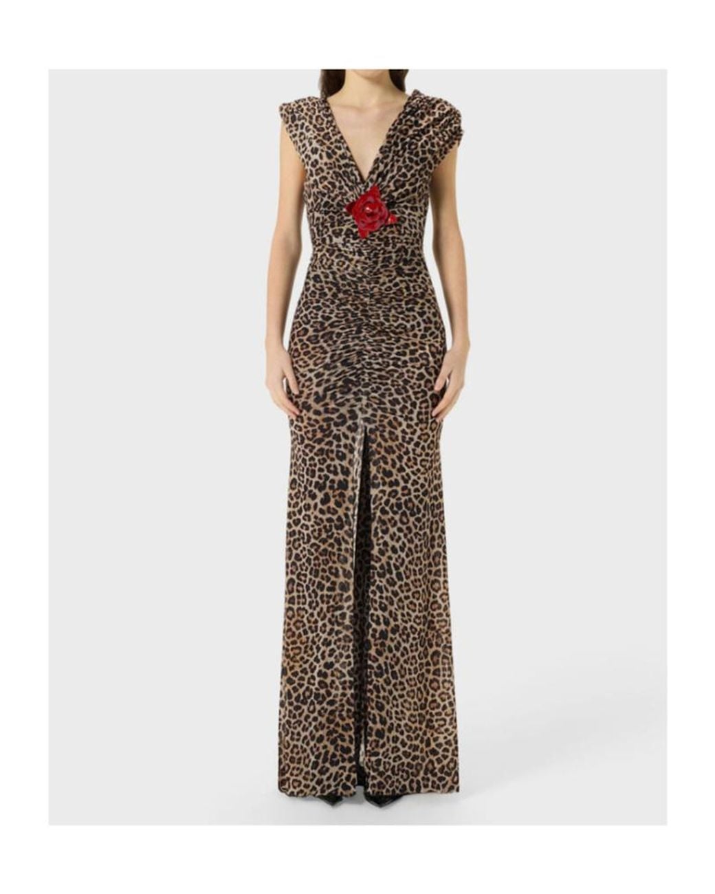 Blumarine Brown Leopard-Print Brooch-Detail Maxi Dress