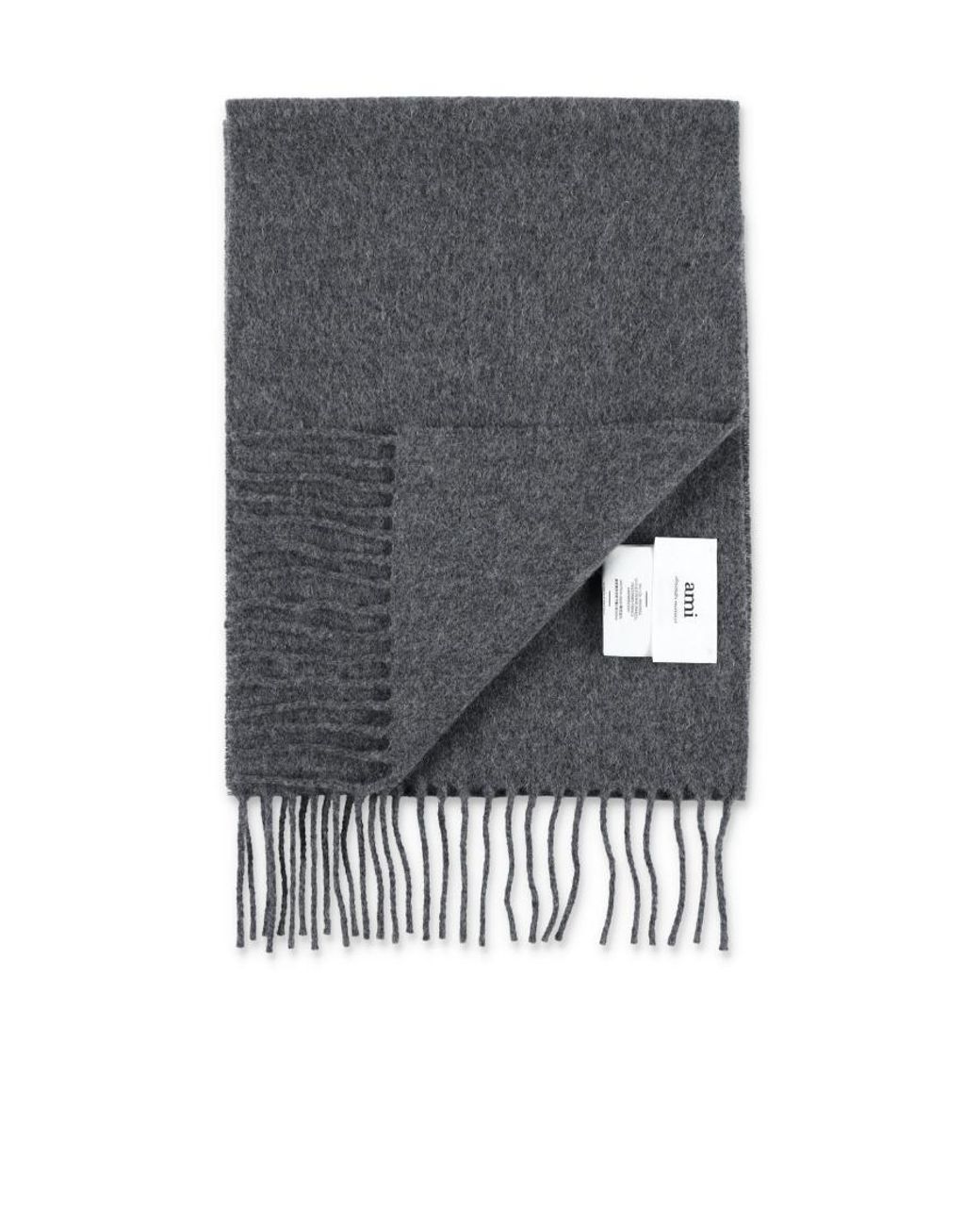 AMI Gray Ami Logo Embroidered Fringed Scarf for men