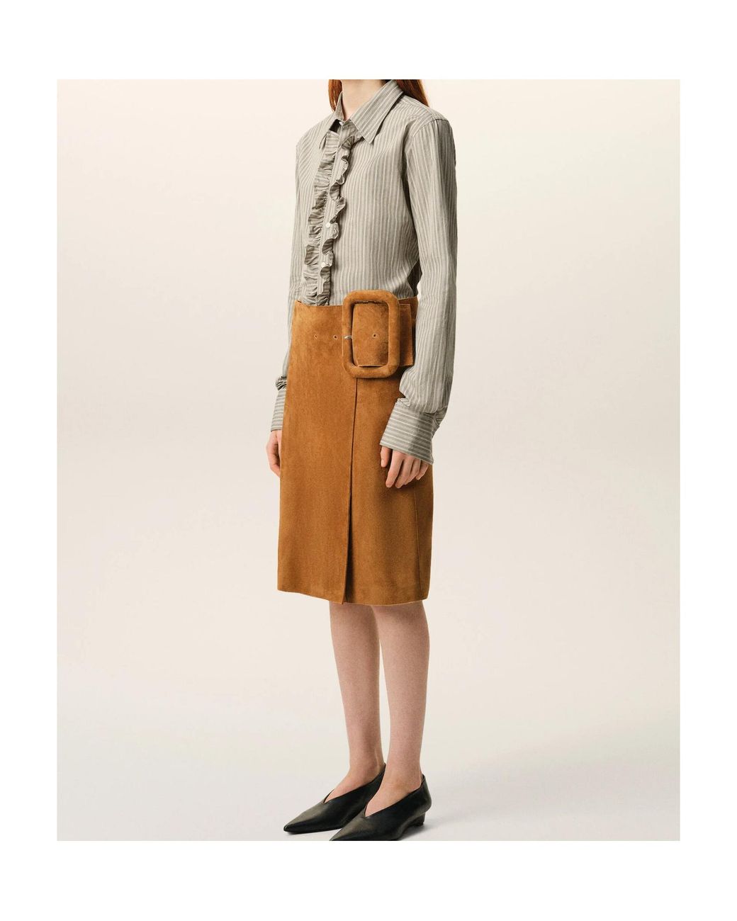 AMI Natural Ami Striped Ruffled Shirt